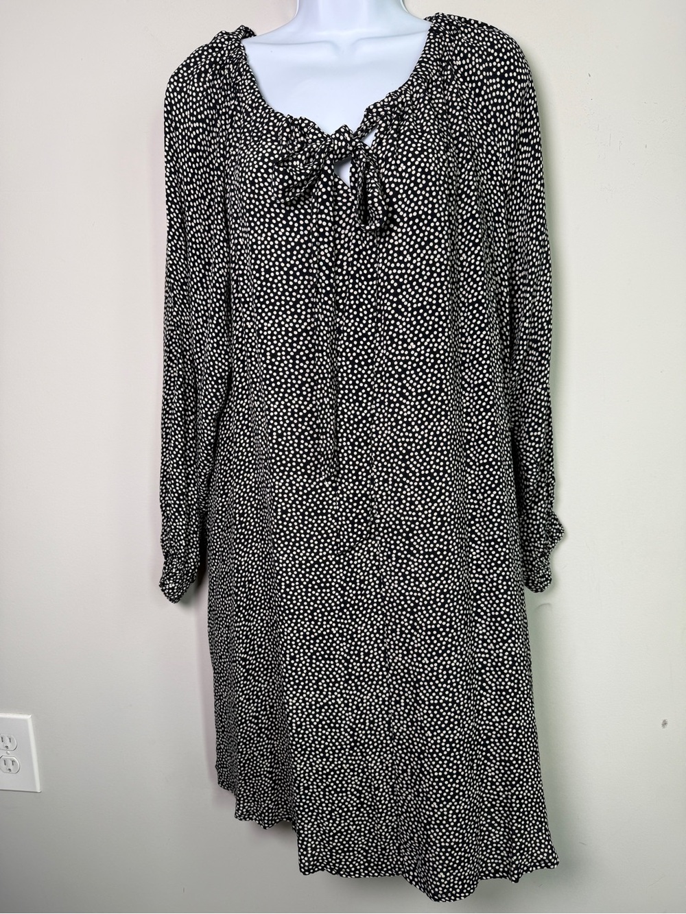 Masai Polka Dot Tie Neck Long Sleeve Dress Black White Sz S